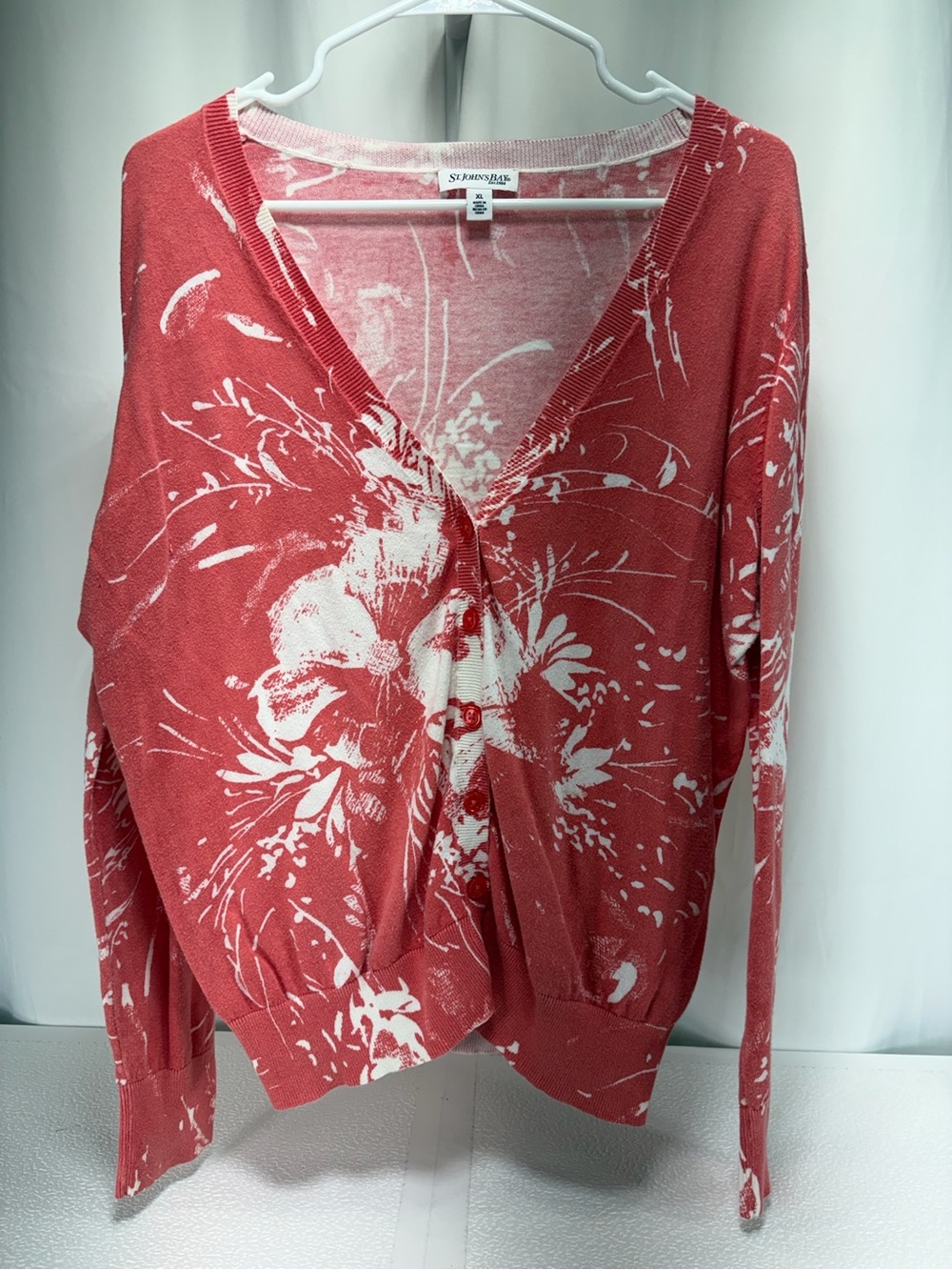 St. John's Bay Coral and White Floral V-Neck Sweater Cardigan 4563